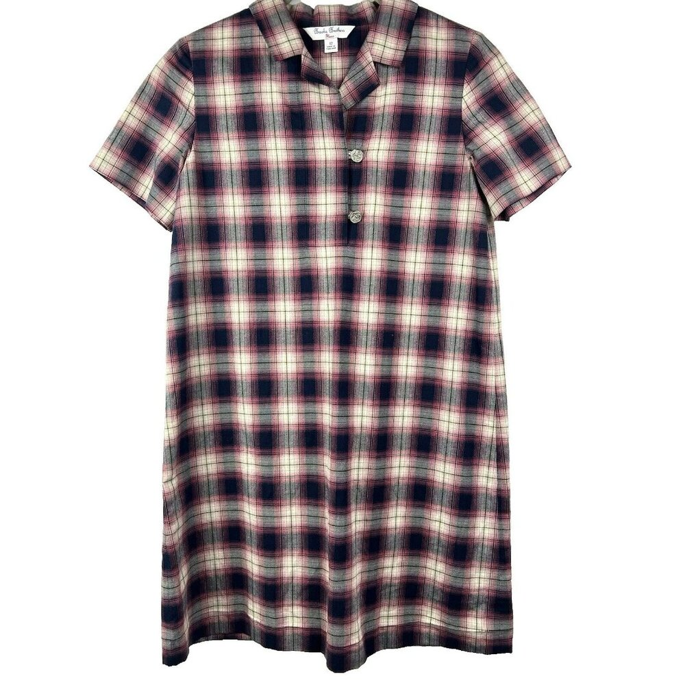 Brooks Brothers Fleece Dress Girls 12 Red Blue Plaid Short Sleeve Classic Lined